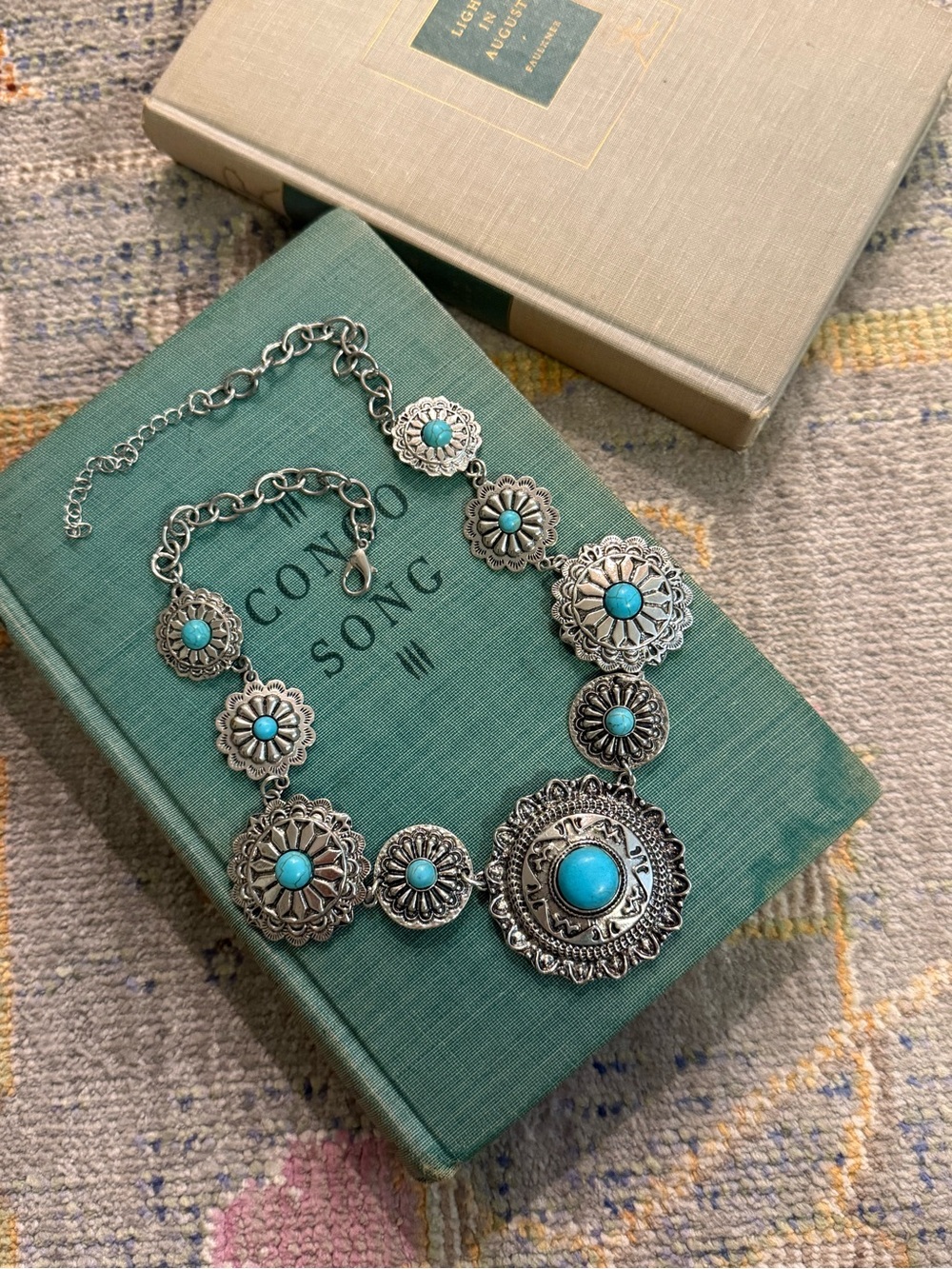 Western Concho Statement Necklace Silver Tone Turquoise Boho Southwestern 18-20”
